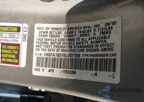 2006 Honda Civic Lx из США, поврежденный, VIN 1HGFA16516L001165